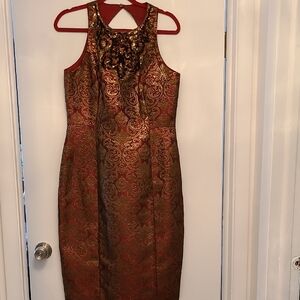 Red and Gold Halter Embellished Sheath Midi Dress